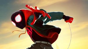 Miles Morales soaring far above the skyline, embracing the sunset. miles morales wallpaper