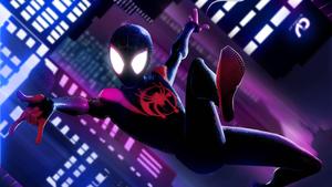 Miles Morales swings above the neon-illuminated city. miles morales wallpaper
