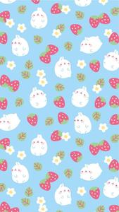 Molang Enjoying a Giant Strawberry in Kawaii Style kawaii wallpaper