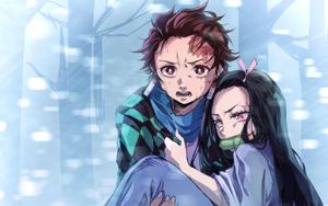 Nezuko is saved by her brave brother - Tanjiro Kamado. nezuko wallpaper
