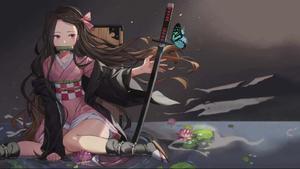 Nezuko Kamado in a meadow, basking in the warm sunlight. nezuko wallpaper