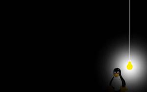 penguin with light bulb in the dark linux wallpaper