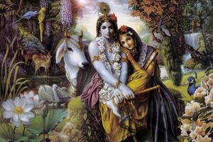 Radha Krishna 3D Surrounded By Animals radha krishna 3d wallpaper