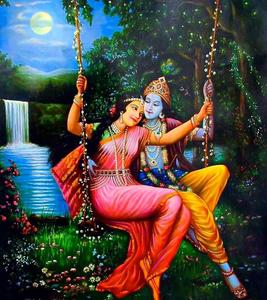 Radha-Krishna Garden Falls Wallpaper