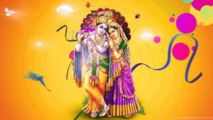 Radha-Krishna Orange Background Wallpaper
