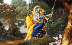 Radha Krishna Swinging Under Tree Picture Wallpaper