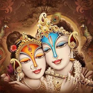 Radha Krishna With Blue And Orange Makeup Picture Wallpaper