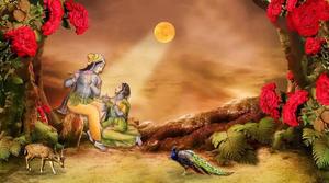 Radha-Krishna Yellow Moon Wallpaper
