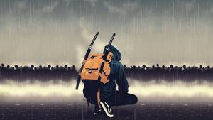 Ready for adventure Samurai equipped with a backpack samurai wallpaper