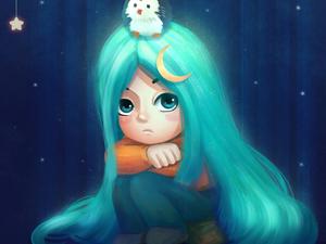 Sad Girl Anime With Green Hair  Wallpaper