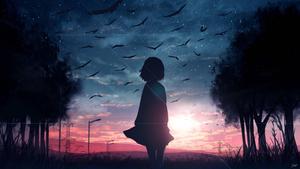 Sad Girl Sunrise And Birds sad girl wallpaper