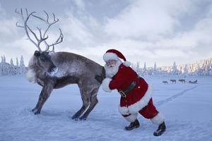 santa claus is petting a reindeer in the snow funny wallpaper