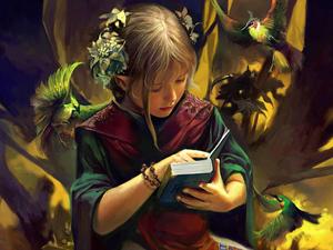 Scholarly elf girl roaming through a fairytale forest girl wallpaper