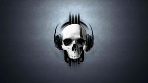 skull with headphones on a dark background dark wallpaper