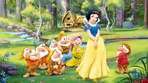 Snow White with animal friends in Disney's classic fairytale cartoon wallpaper
