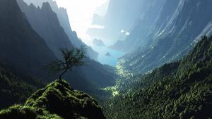 Soaring peaks with a stunning valley-river view 1440p wallpaper