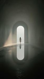 Solitary Figure in Glowing Archway Over Misty Water at Sunset	 Wallpaper