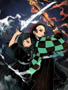 Tanjiro and Muichiro join forces to fight demons Wallpaper