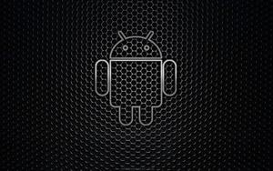The Android robot stands surrounded by a hexagonal mesh android wallpaper