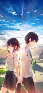 "The beautiful and romantic embrace of young lovers in the world of anime". aesthetic couple anime wallpaper