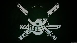 The iconic jolly roger flag of Zoro, the legendary pirate and one of the main characters of the popular anime "One Piece". zoro wallpaper