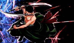 The iconic Roronoa Zoro leaps into action with his blazing swords. zoro wallpaper
