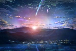 The small town of Itomori's Skyline, as seen in the movie Your Name. your name wallpaper