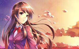 This anime girl is crying during a beautiful sunset, her sadness soothed by the peace of the evening. anime girl wallpaper