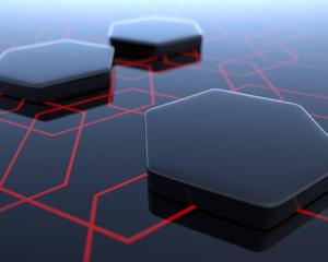 Three-dimensional black hexagons create a unique pattern in this abstract artwork. Wallpaper