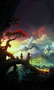 Travelers Overlooking Fantasy Landscape Phone phone wallpaper