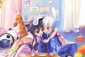 Two animated playmates embracing each other in an adorable hug animated wallpaper