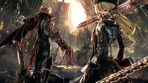 two anime characters standing in a city with chains 4k gaming wallpaper