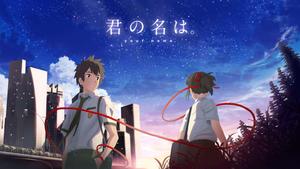 two anime characters standing in front of a city your name wallpaper