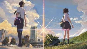 two anime characters standing on a hillside your name wallpaper