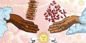 two hands reaching out to a bag of beans trading wallpaper