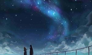 two people standing on a bridge looking at the stars aesthetic computer 4k wallpaper