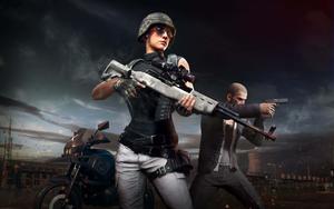 two people with guns in front of a motorcycle pubg wallpaper