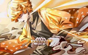 Zenitsu Agatsuma unleashes his thunder-breathing power in Demon Slayer Wallpaper
