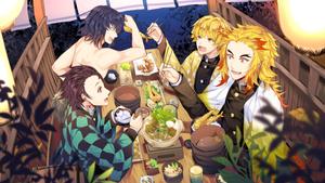 Zenitsu and his friends enjoying dinner zenitsu wallpaper