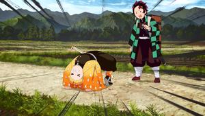 Zenitsu and Tanjiro take a moment of respite to look out on a beautiful, mountainous landscape. zenitsu wallpaper