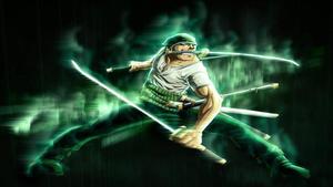 Zoro unleashing an awe-inspiring aura of green zoro wallpaper