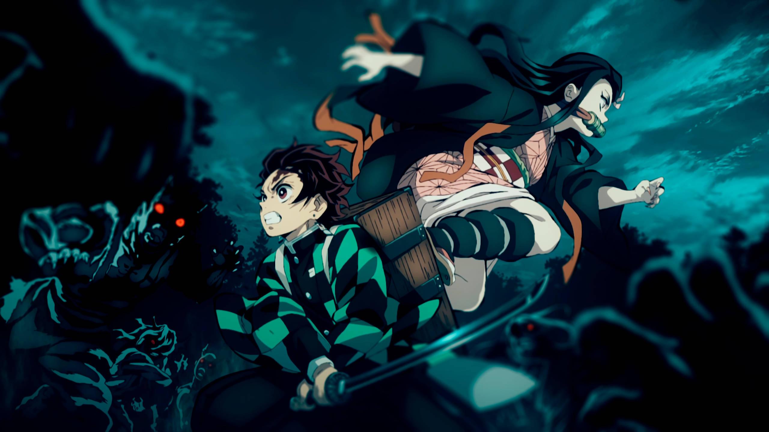 1) Loving brothers Tanjirou and Nezuko fight together against demons. — 2560x1440 wallpaper