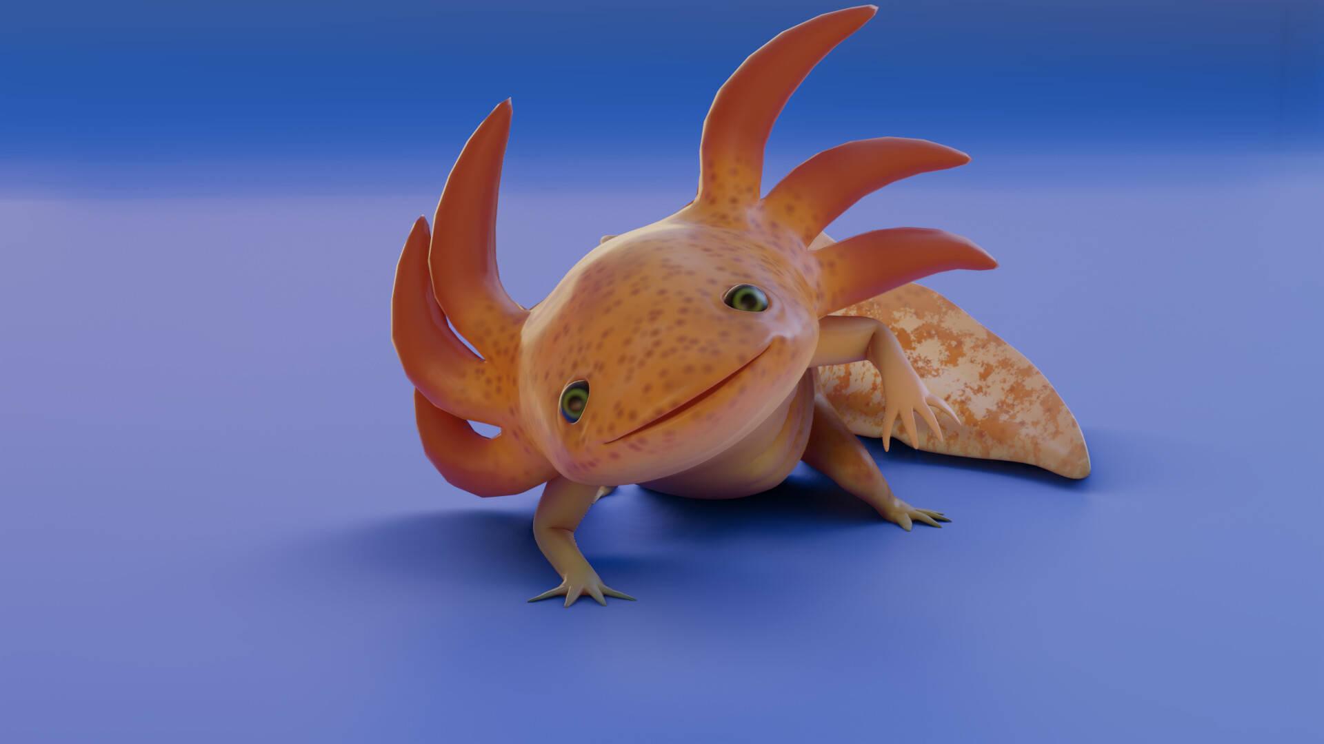 3D Orange Axolotl In Blue — 1920x1080 wallpaper