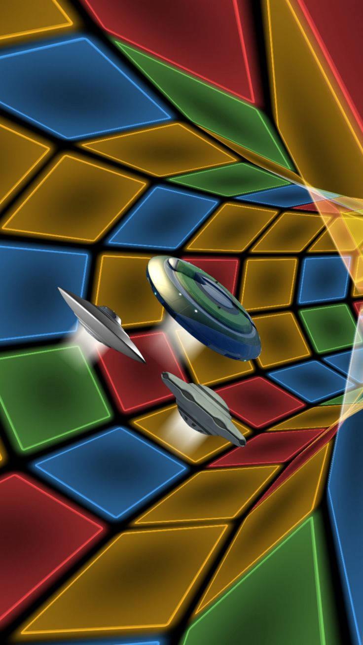3D Phone UFOs In Colorful Tiles Tunnel — 736x1308 wallpaper