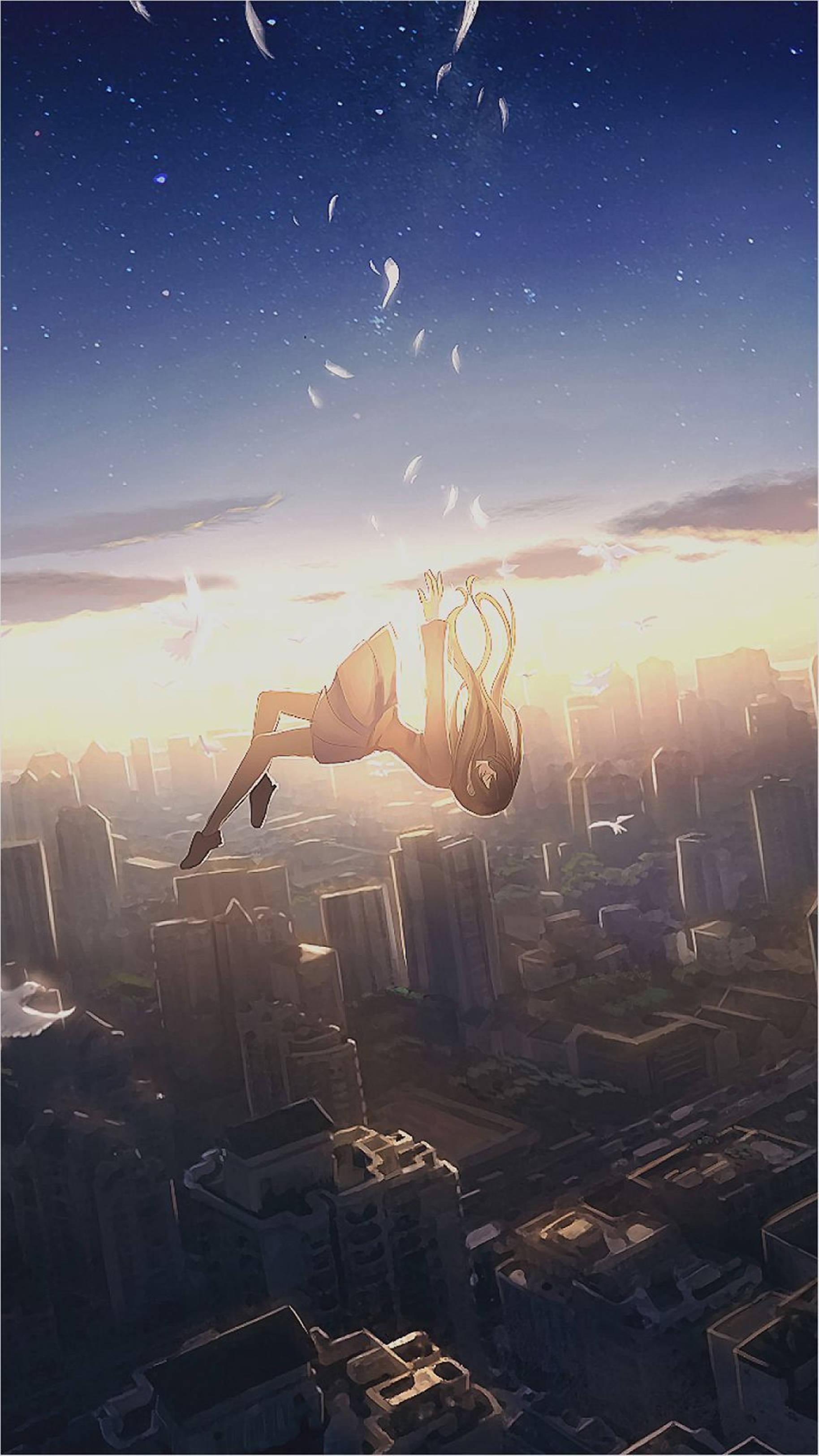 4K Anime IPhone Falling City Girl — 1828x3250 wallpaper