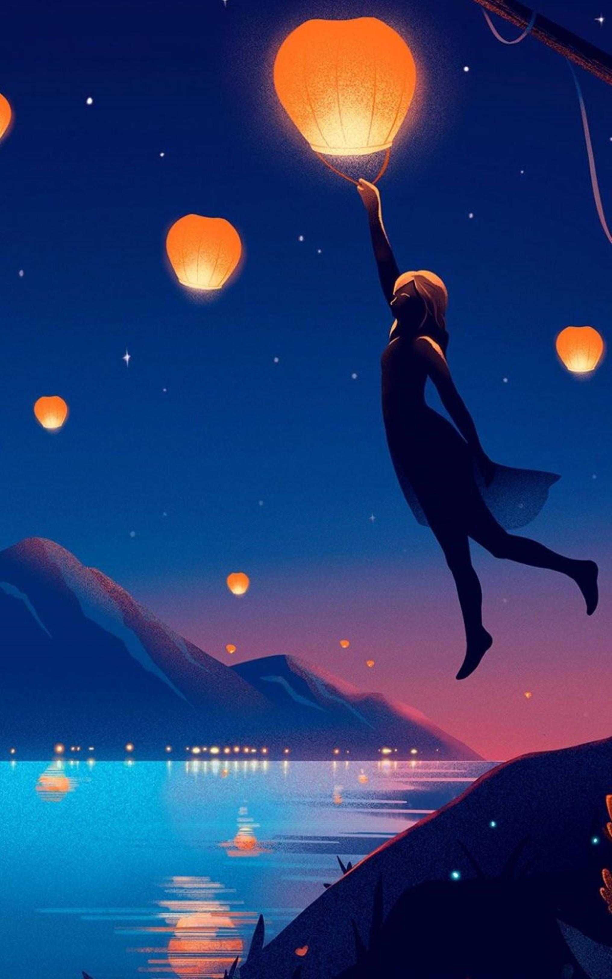 4K Anime IPhone Girl Grabbing Floating Lantern — 2031x3250 wallpaper