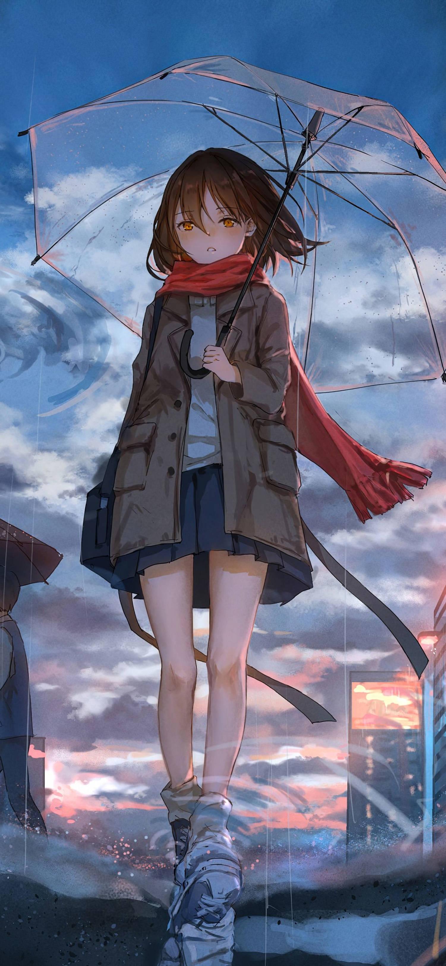 4K Anime IPhone Girl With Red Scarf — 1501x3250 wallpaper