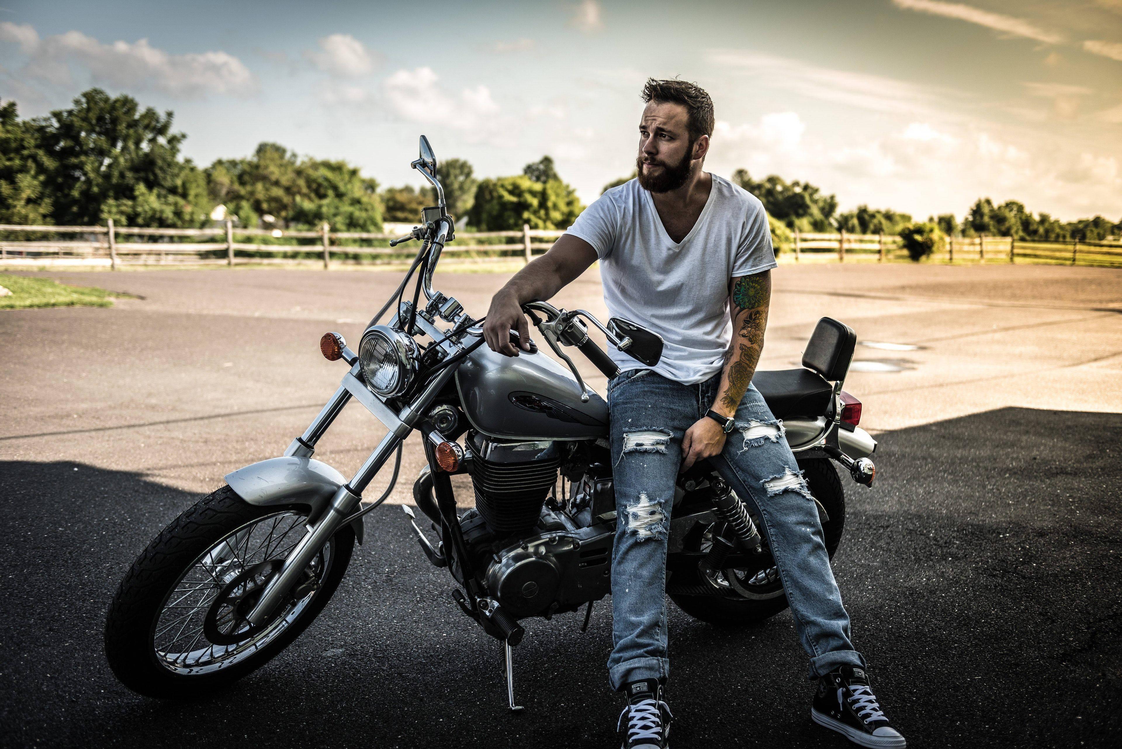 4K Bike With Handsome Biker Man — 3840x2563 wallpaper