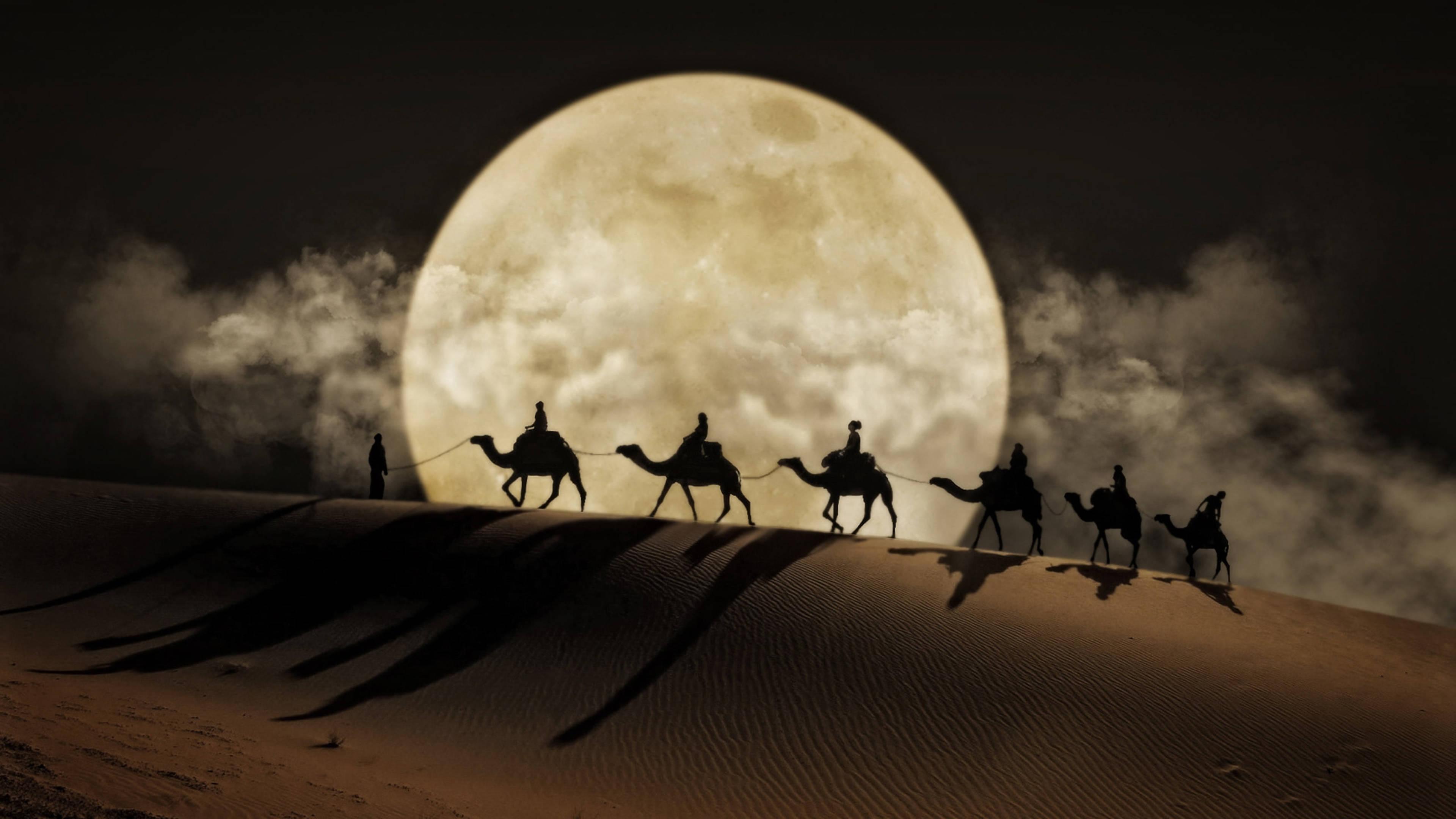 4K Laptop Silhouettes Desert Moon — 3840x2160 wallpaper