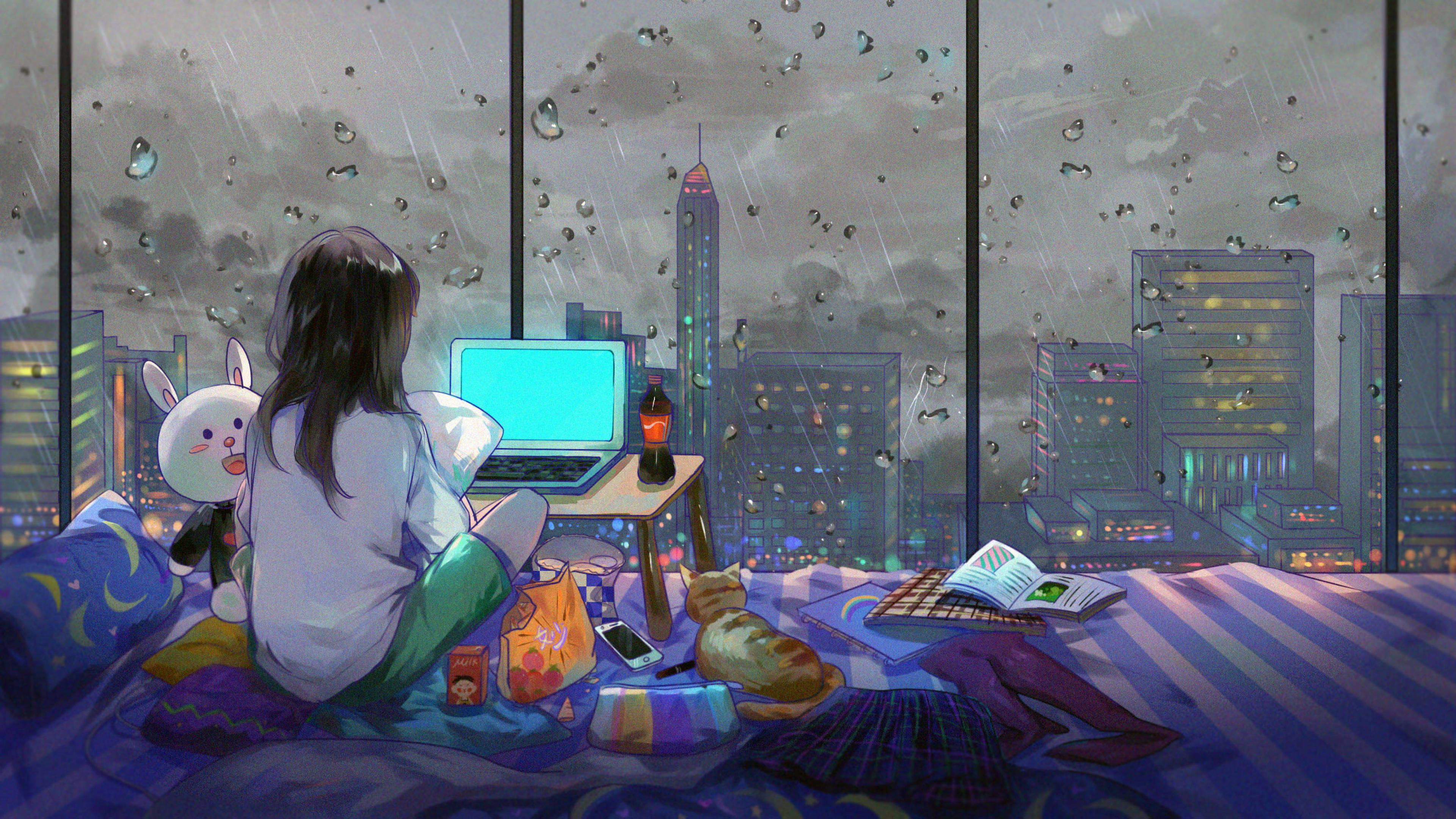 4K Laptop Stormy Night On Bed — 3840x2160 wallpaper